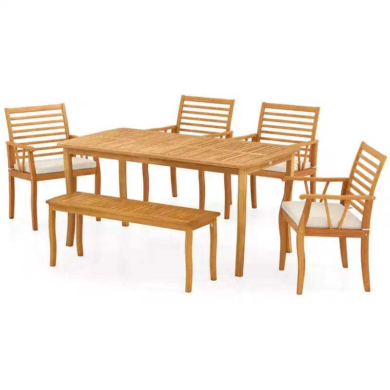 Costway Set Pranzo da Giardino 6 Pezzi Tavolo e Panchine in Legno di Acacia con Foro per Ombrellone da 5 cm