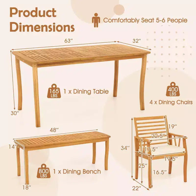 Costway Set Pranzo da Giardino 6 Pezzi Tavolo e Panchine in Legno di Acacia con Foro per Ombrellone da 5 cm