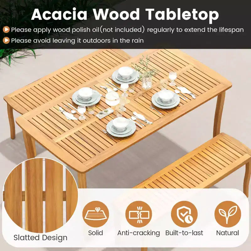 Costway Set Pranzo da Giardino 6 Pezzi Tavolo e Panchine in Legno di Acacia con Foro per Ombrellone da 5 cm