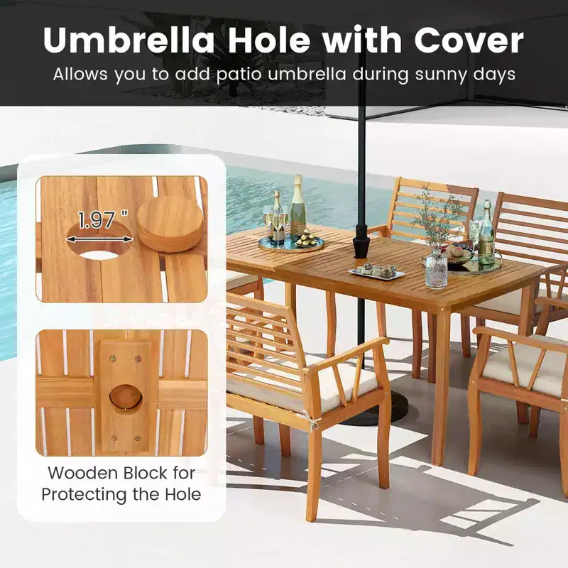 Costway Set Pranzo da Giardino 6 Pezzi Tavolo e Panchine in Legno di Acacia con Foro per Ombrellone da 5 cm