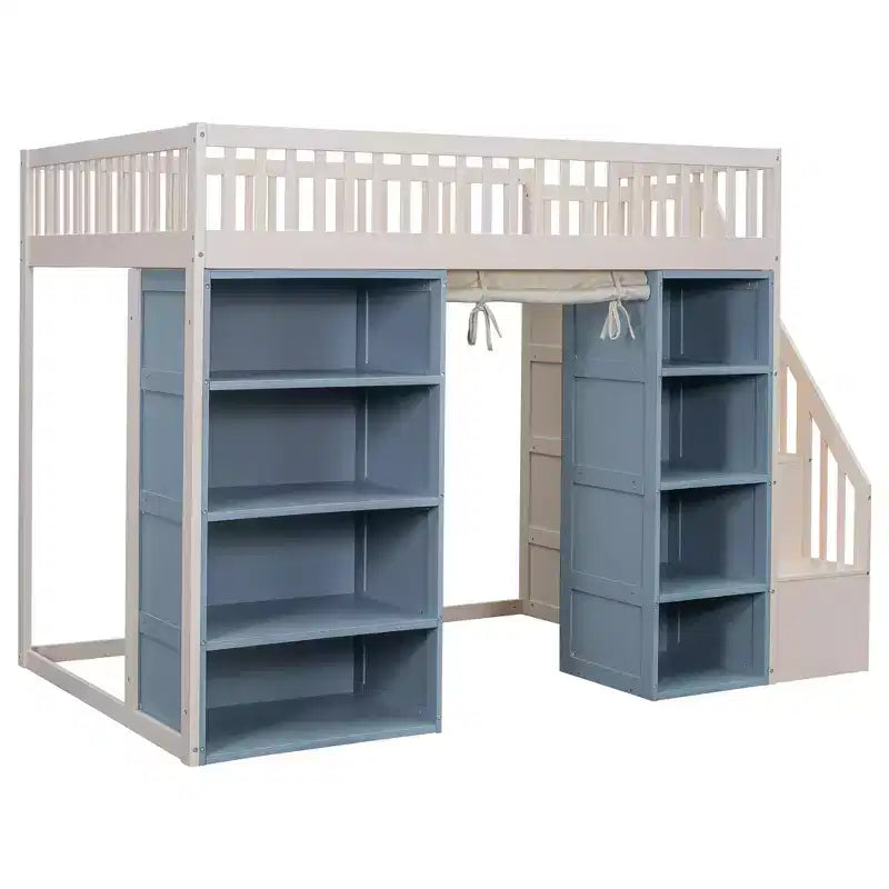 Letto a soppalco a grandezza naturale con 2 scaffali a quattro ripiani e scala contenitore, struttura in legno con tenda e armadietti, bianco