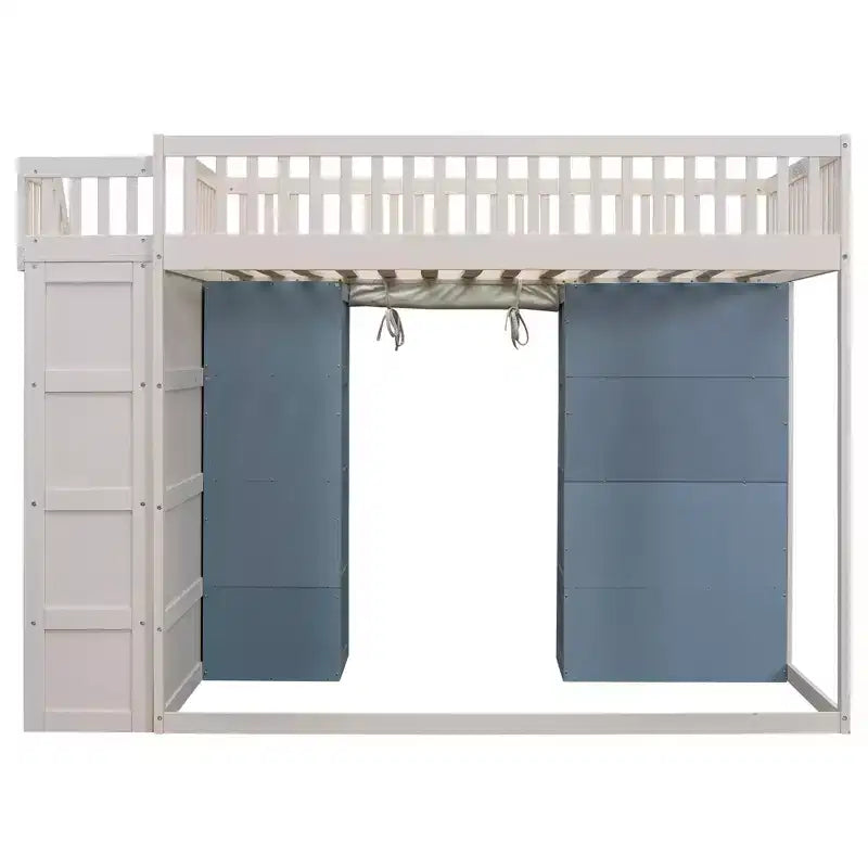 Letto a soppalco a grandezza naturale con 2 scaffali a quattro ripiani e scala contenitore, struttura in legno con tenda e armadietti, bianco