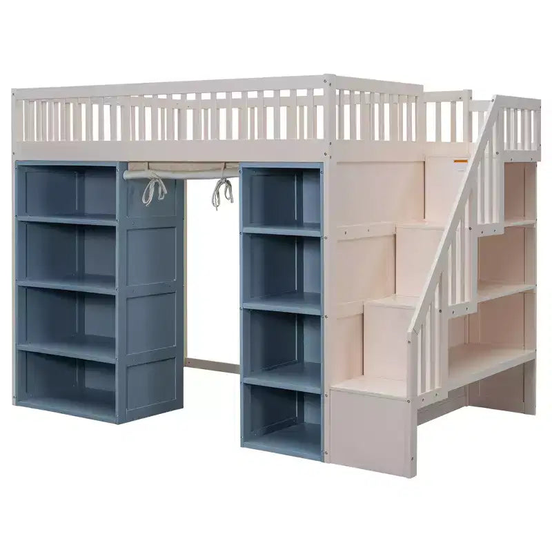 Letto a soppalco a grandezza naturale con 2 scaffali a quattro ripiani e scala contenitore, struttura in legno con tenda e armadietti, bianco