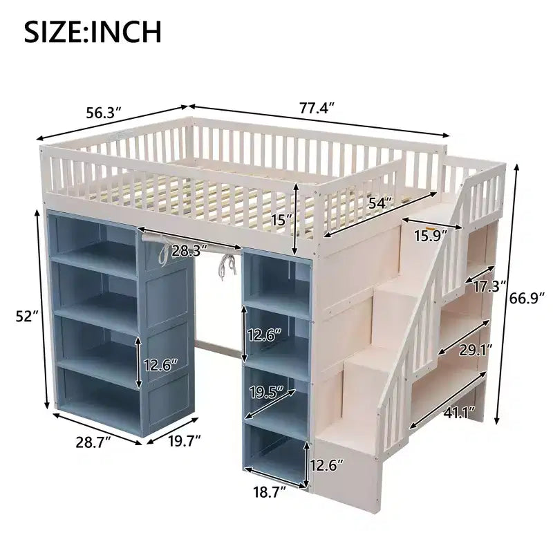 Letto a soppalco a grandezza naturale con 2 scaffali a quattro ripiani e scala contenitore, struttura in legno con tenda e armadietti, bianco