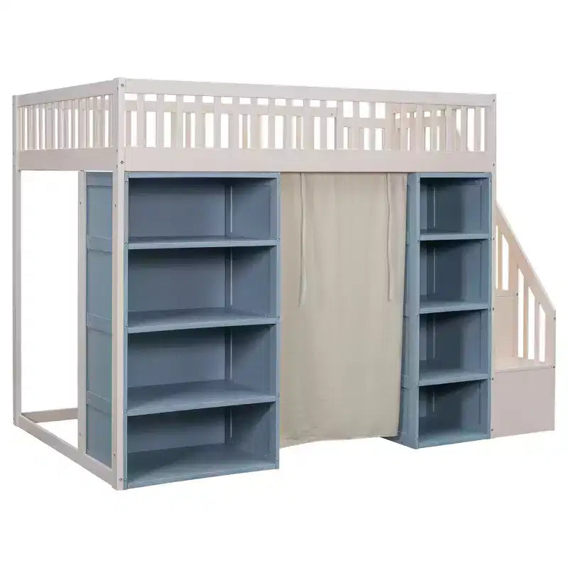 Letto a soppalco a grandezza naturale con 2 scaffali a quattro ripiani e scala contenitore, struttura in legno con tenda e armadietti, bianco