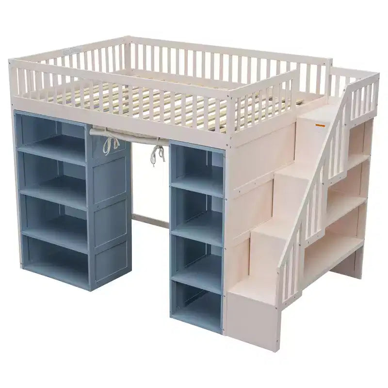 Letto a soppalco a grandezza naturale con 2 scaffali a quattro ripiani e scala contenitore, struttura in legno con tenda e armadietti, bianco