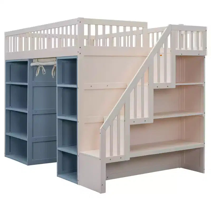 Letto a soppalco a grandezza naturale con 2 scaffali a quattro ripiani e scala contenitore, struttura in legno con tenda e armadietti, bianco