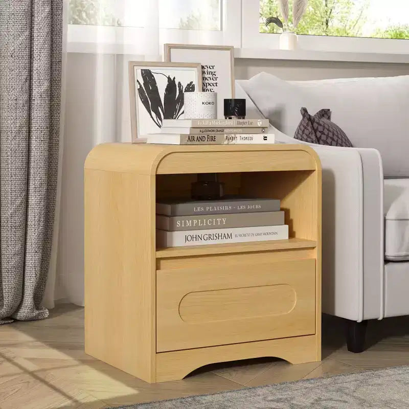 Comodini per camera da letto e soggiorno con cassetto portaoggetti, comodino curvo