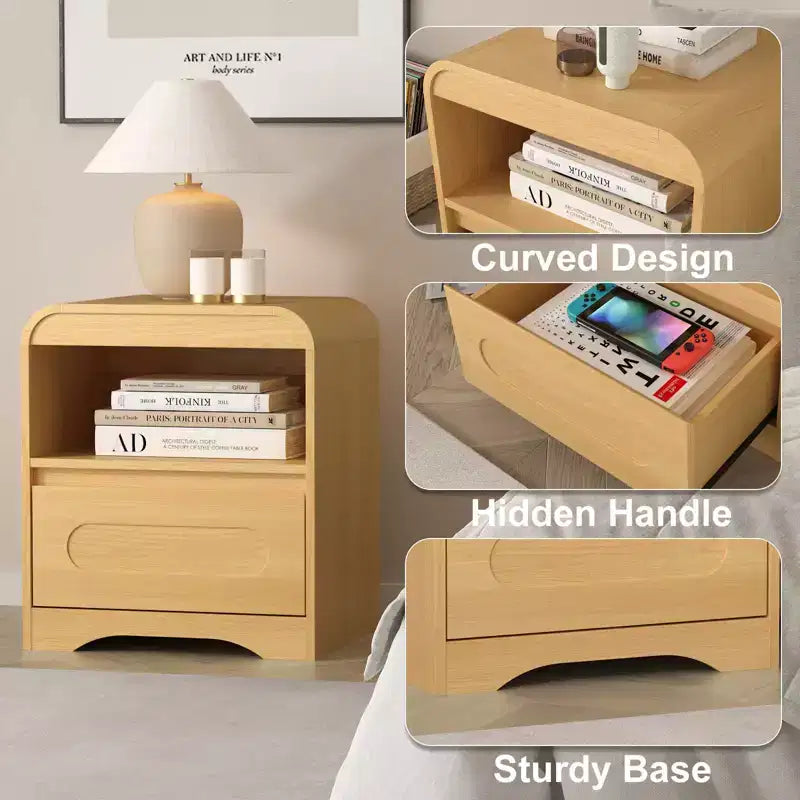 Comodini per camera da letto e soggiorno con cassetto portaoggetti, comodino curvo