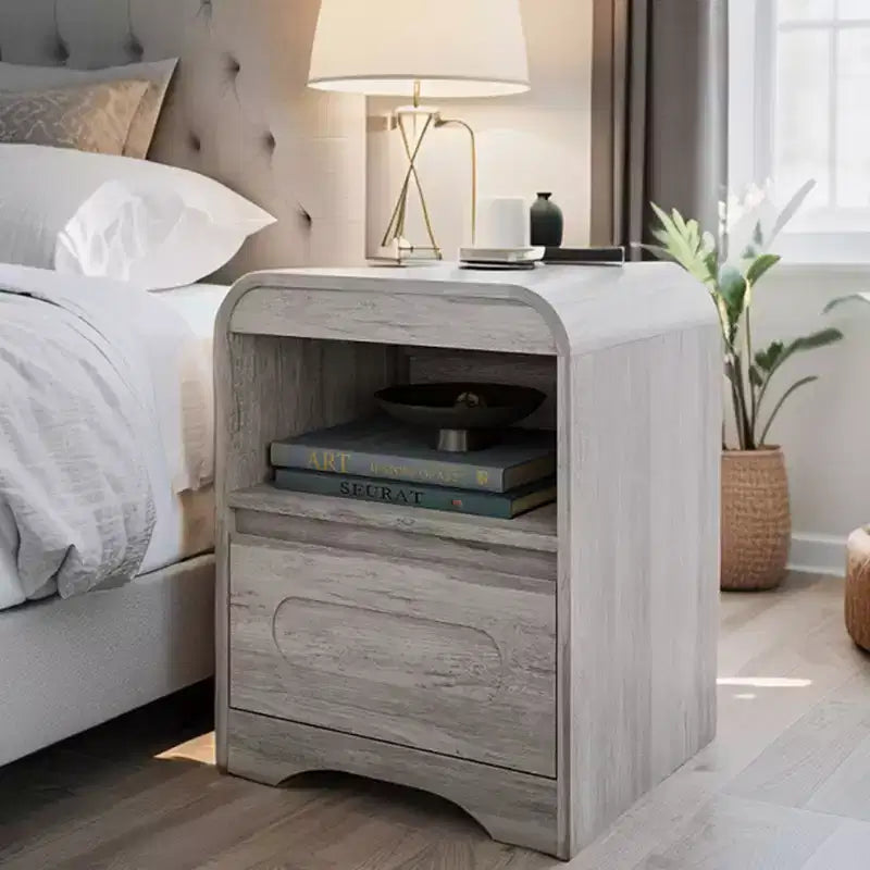 Comodini per camera da letto e soggiorno con cassetto portaoggetti, comodino curvo