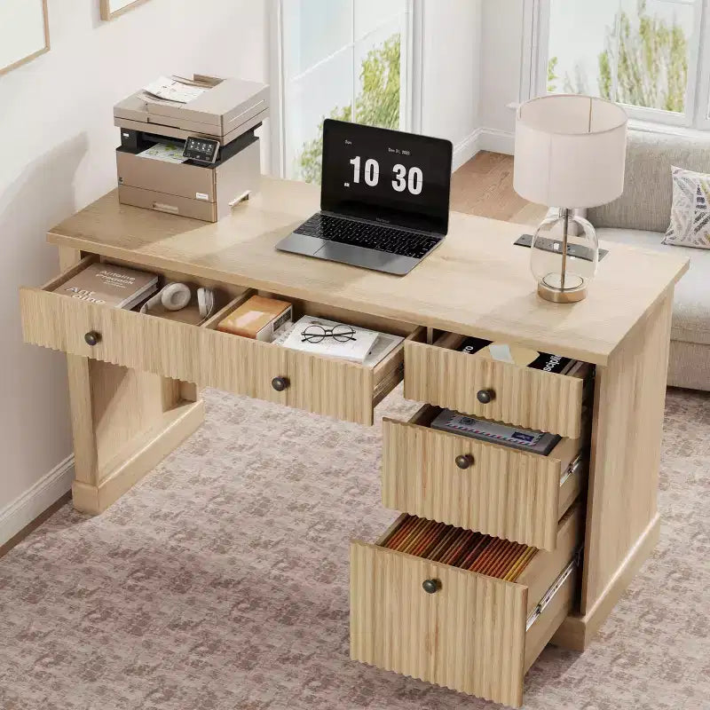 GustoWave Mobile Ufficio Scanalato, Scrivania Direzionale Moderna da 137 cm, Scrivania da Computer in Legno con Cassettiera e Cassetti