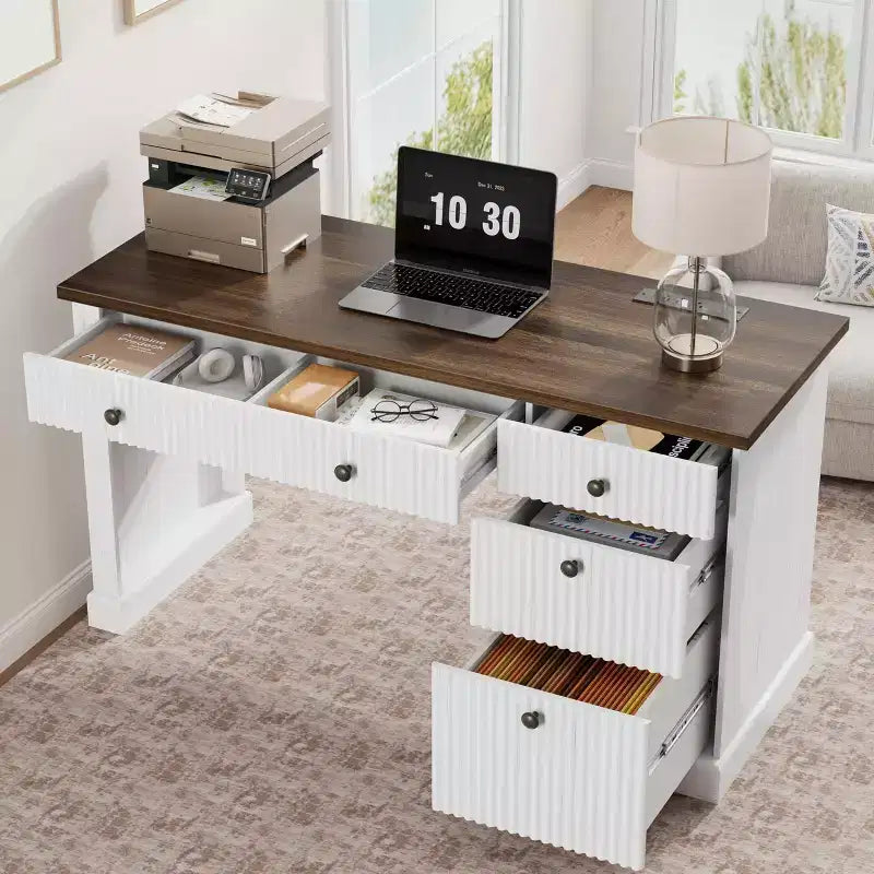 GustoWave Mobile Ufficio Scanalato, Scrivania Direzionale Moderna da 137 cm, Scrivania da Computer in Legno con Cassettiera e Cassetti