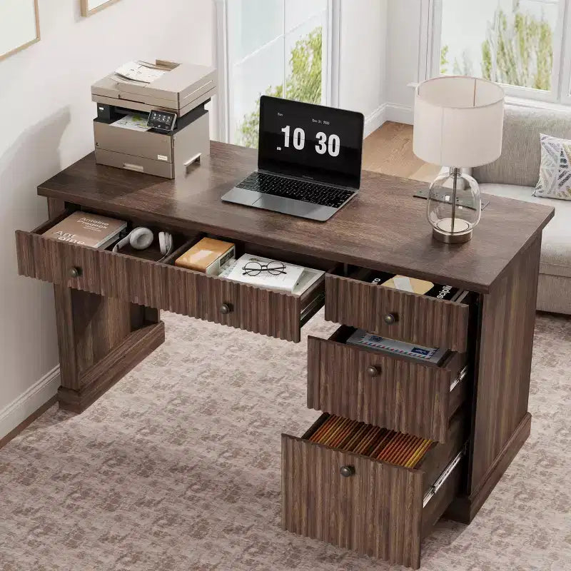 GustoWave Mobile Ufficio Scanalato, Scrivania Direzionale Moderna da 137 cm, Scrivania da Computer in Legno con Cassettiera e Cassetti