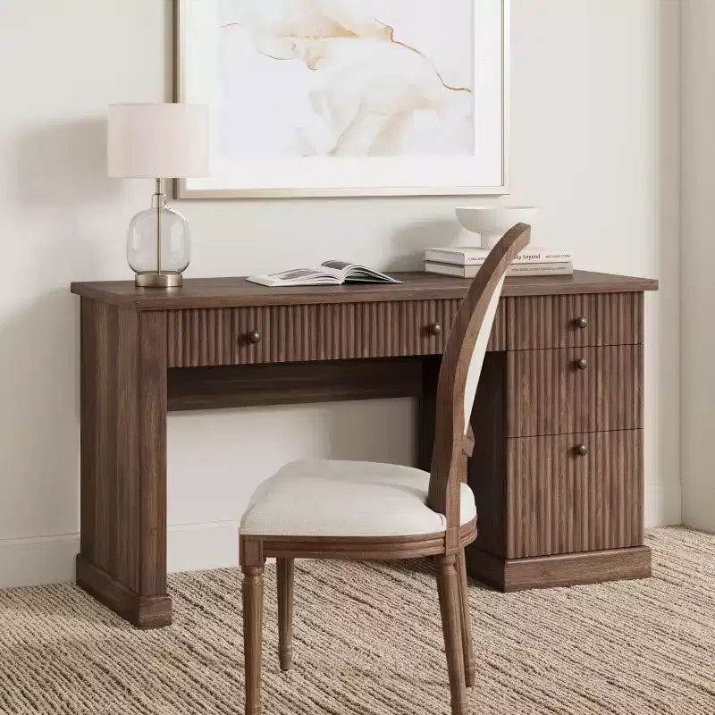 GustoWave Mobile Ufficio Scanalato, Scrivania Direzionale Moderna da 137 cm, Scrivania da Computer in Legno con Cassettiera e Cassetti