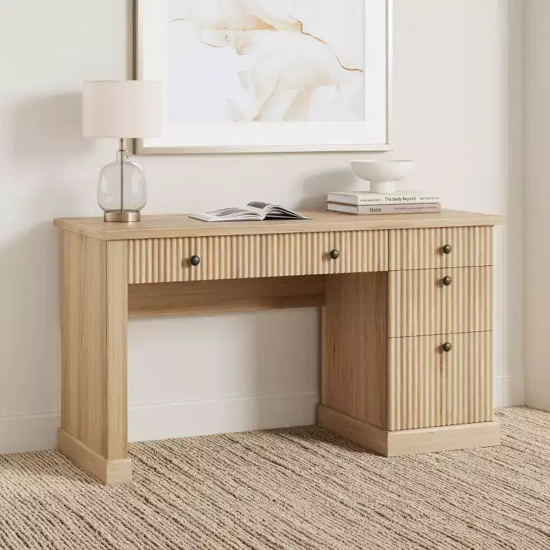 GustoWave Mobile Ufficio Scanalato, Scrivania Direzionale Moderna da 137 cm, Scrivania da Computer in Legno con Cassettiera e Cassetti