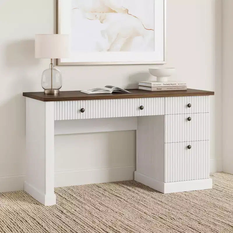 GustoWave Mobile Ufficio Scanalato, Scrivania Direzionale Moderna da 137 cm, Scrivania da Computer in Legno con Cassettiera e Cassetti