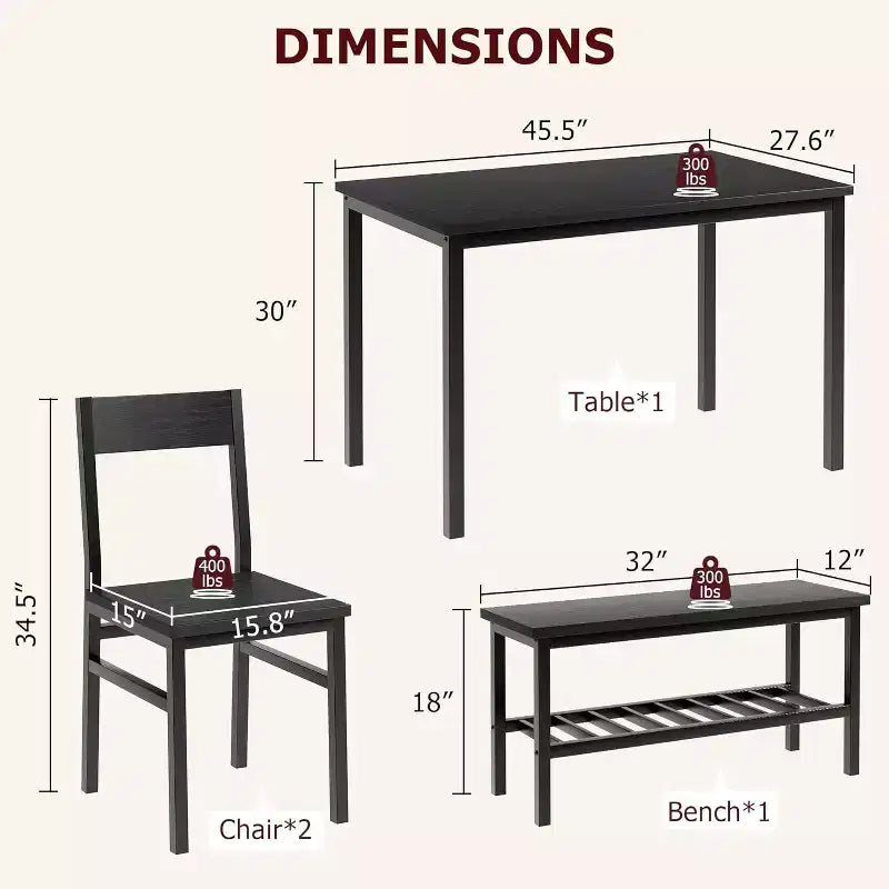 Set da pranzo per 4 persone, con 1 panca e 2 sedie