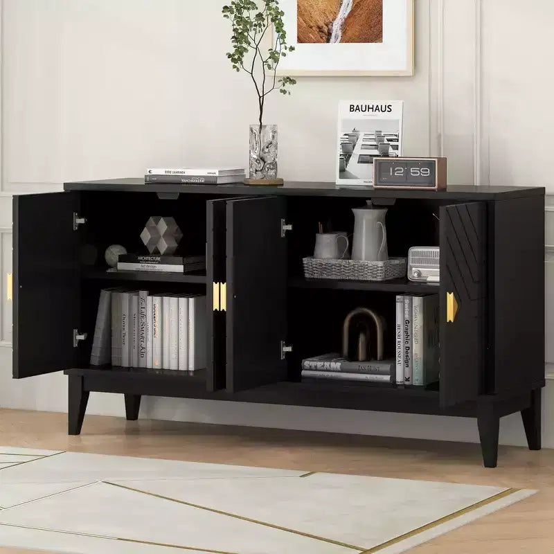 Okak Madia Moderna, Credenza con 4 Ante Curve a Motivo, Armadietto Contenitore per Soggiorno, Sala da Pranzo, Cucina, Nero