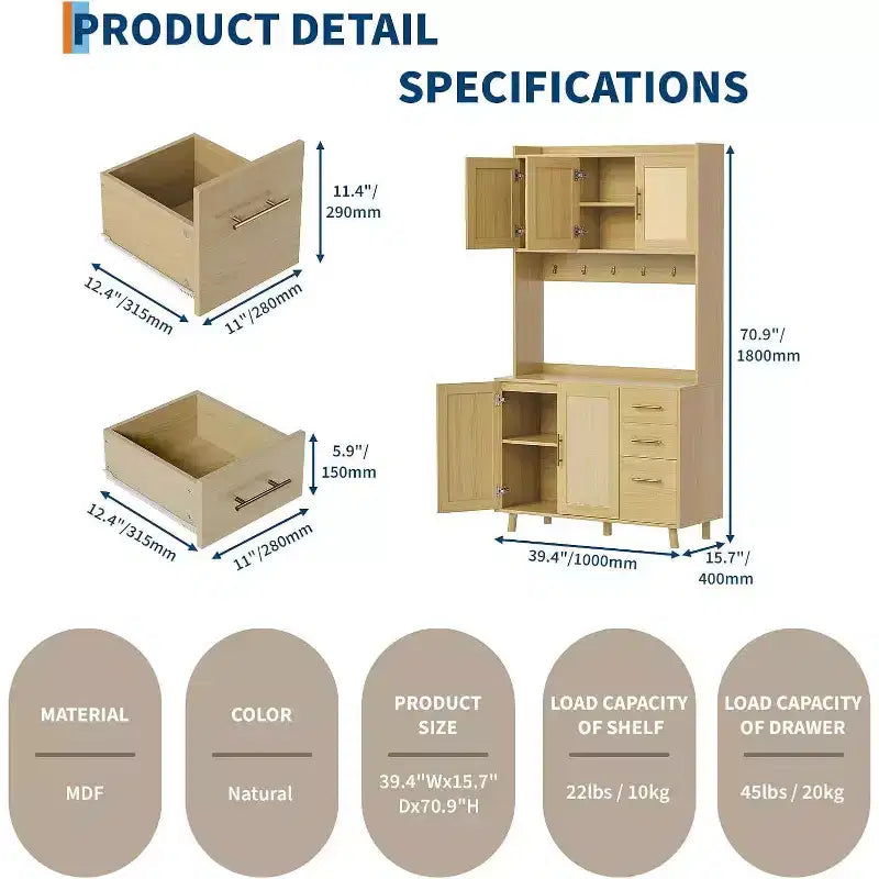 Acekool 71 Mobile Dispensa da Cucina Alta in Rattan, Credenza Boho con Ripiano per Microonde, Cassetti, Ganci, Mobile Contenitore per Sala da Pranzo, Naturale