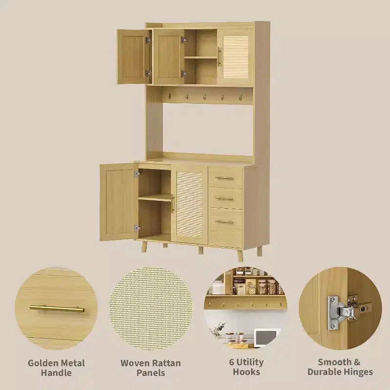 Acekool 71 Mobile Dispensa da Cucina Alta in Rattan, Credenza Boho con Ripiano per Microonde, Cassetti, Ganci, Mobile Contenitore per Sala da Pranzo, Naturale