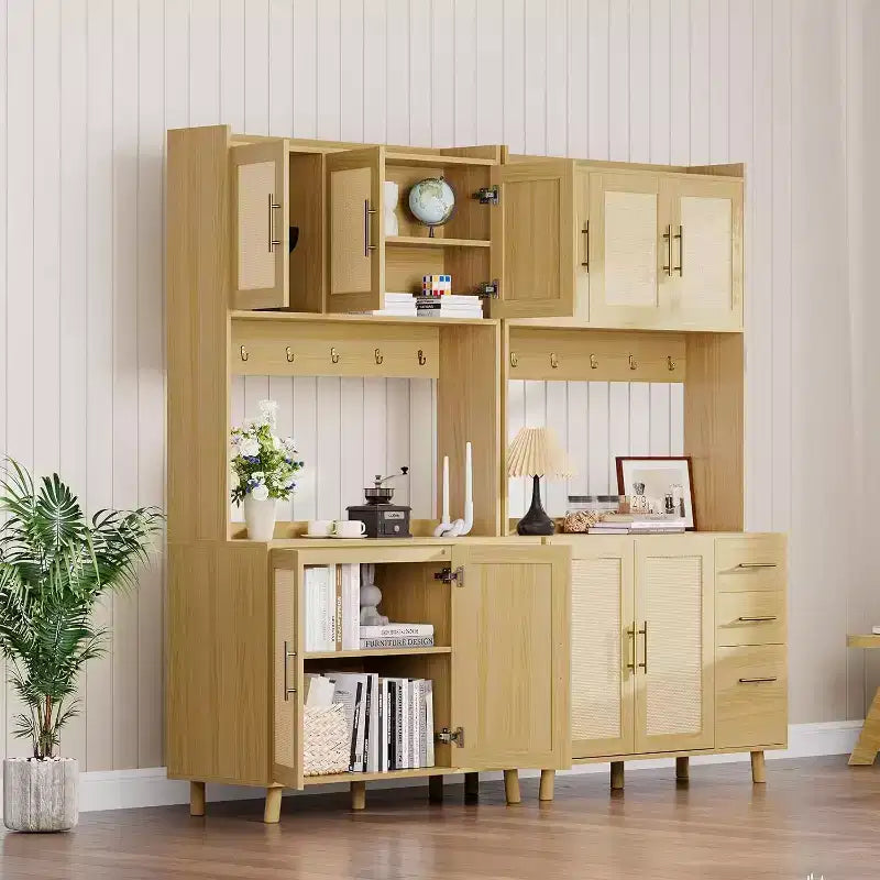 Acekool 71 Mobile Dispensa da Cucina Alta in Rattan, Credenza Boho con Ripiano per Microonde, Cassetti, Ganci, Mobile Contenitore per Sala da Pranzo, Naturale