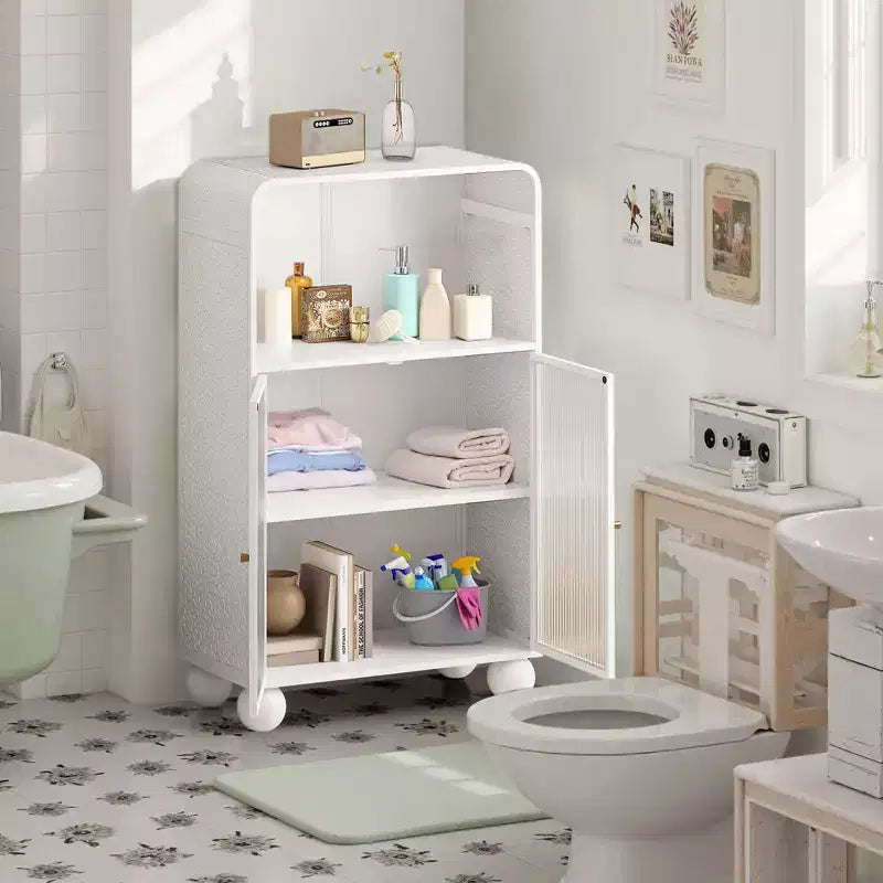 Mobile Contenitore da Bagno Okak 45.2 con Anta in Vetro Temperato, Mobile Contenitore Autoportante con 2 Ante e 1 Ripiano Aperto per Cucina e Bagno