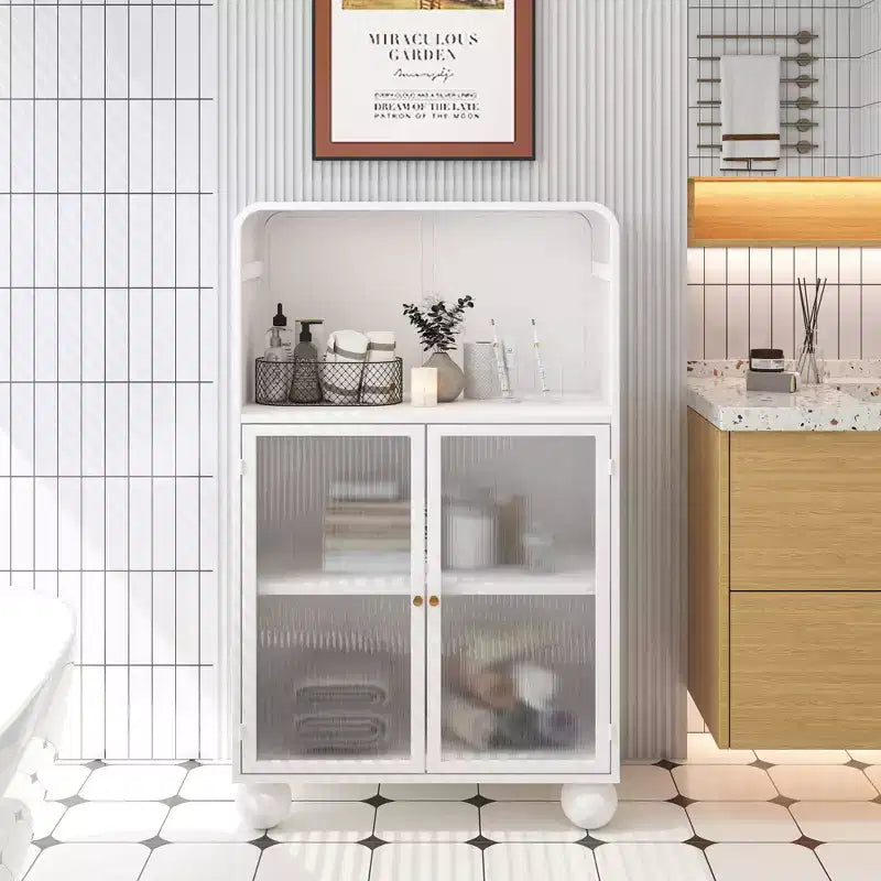 Mobile Contenitore da Bagno Okak 45.2 con Anta in Vetro Temperato, Mobile Contenitore Autoportante con 2 Ante e 1 Ripiano Aperto per Cucina e Bagno