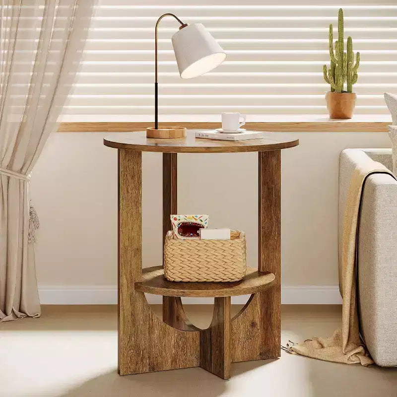 Tavolino rotondo a 2 ripiani Lantine con contenitore, per soggiorno, camera da letto e piccoli spazi, comodino stretto moderno, facile da montare, marrone