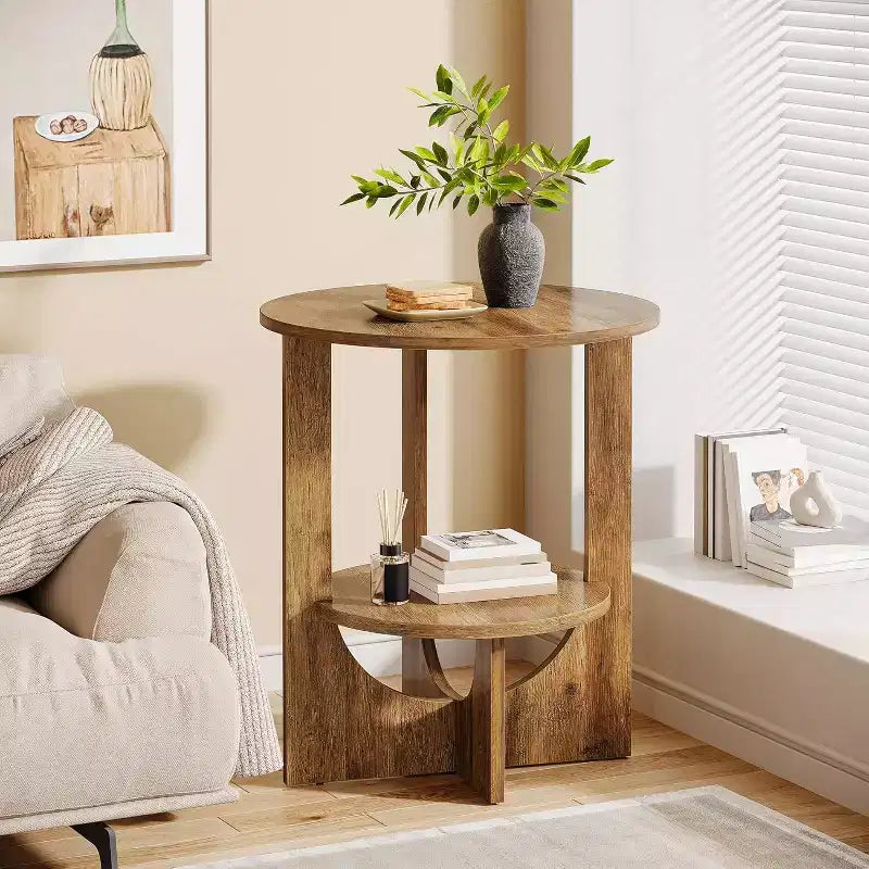 Tavolino rotondo a 2 ripiani Lantine con contenitore, per soggiorno, camera da letto e piccoli spazi, comodino stretto moderno, facile da montare, marrone