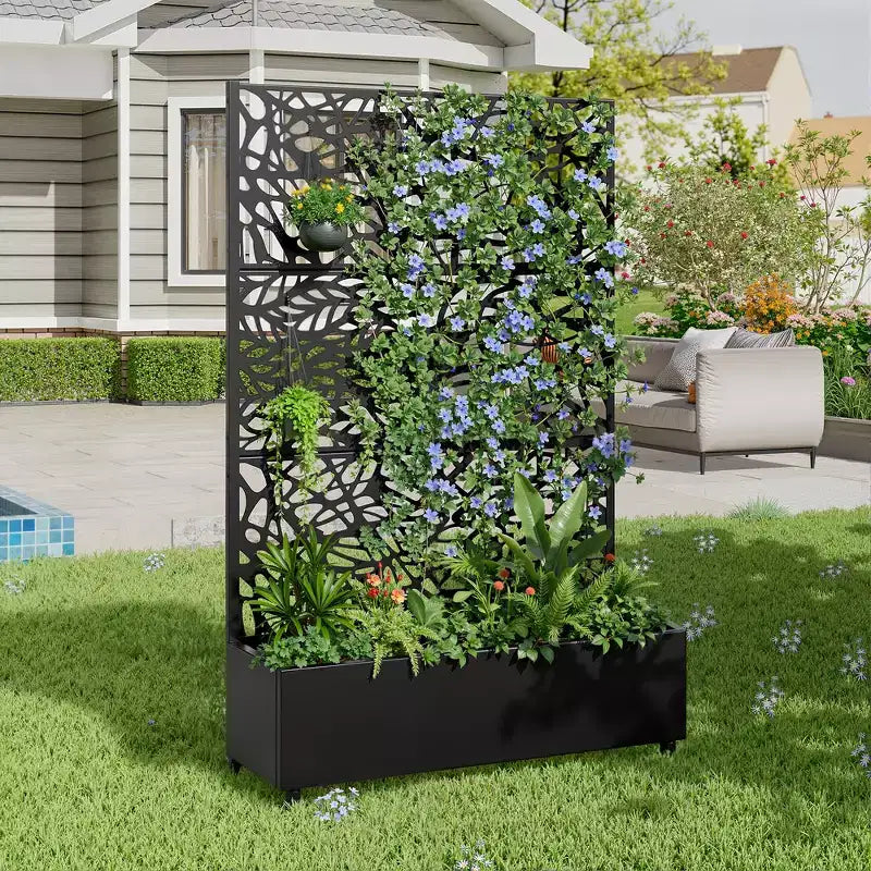 MAYEERTY Planter Box with Trellis Iron Black Net 01 Flower Shape Helen Street 01 Combined Style 72x47x16in 3-Piece Set
