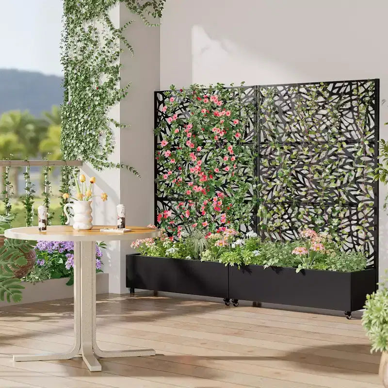 MAYEERTY Planter Box with Trellis Iron Black Net 01 Flower Shape Helen Street 01 Combined Style 72x47x16in 3-Piece Set