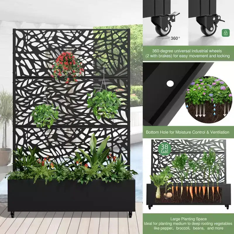 MAYEERTY Planter Box with Trellis Iron Black Net 01 Flower Shape Helen Street 01 Combined Style 72x47x16in 3-Piece Set