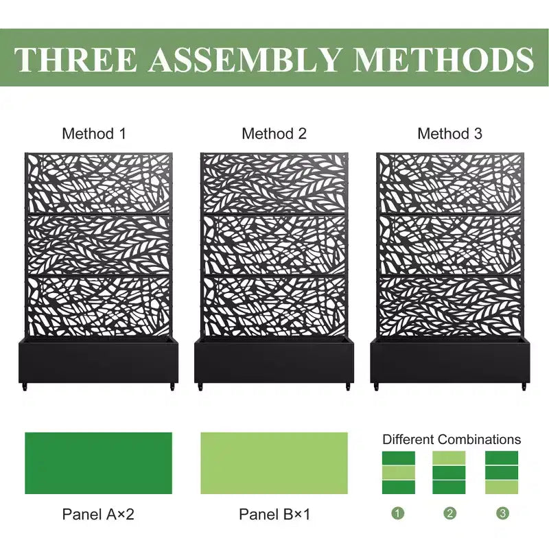 MAYEERTY Planter Box with Trellis Iron Black Net 01 Flower Shape Helen Street 01 Combined Style 72x47x16in 3-Piece Set