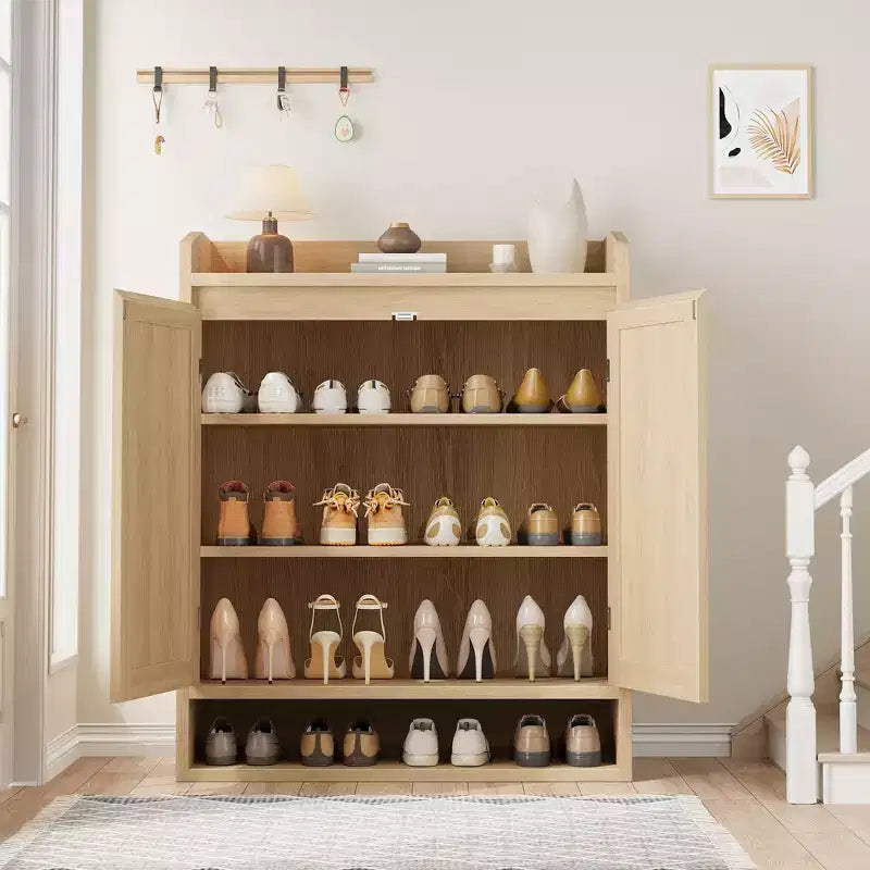COZONY Scarpiera a 5 livelli in rattan Organizzatore di scarpe con 2 ante Armadio in legno regolabile per ingresso Soggiorno Naturale