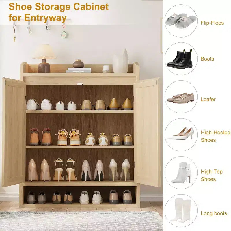 COZONY Scarpiera a 5 livelli in rattan Organizzatore di scarpe con 2 ante Armadio in legno regolabile per ingresso Soggiorno Naturale