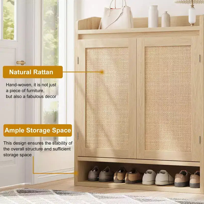 COZONY Scarpiera a 5 livelli in rattan Organizzatore di scarpe con 2 ante Armadio in legno regolabile per ingresso Soggiorno Naturale