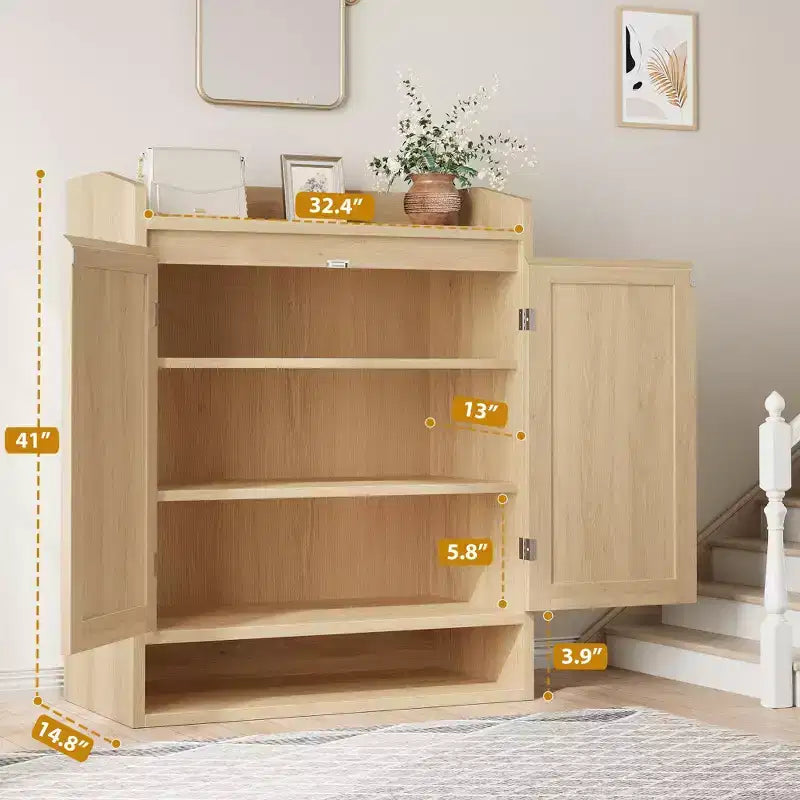COZONY Scarpiera a 5 livelli in rattan Organizzatore di scarpe con 2 ante Armadio in legno regolabile per ingresso Soggiorno Naturale