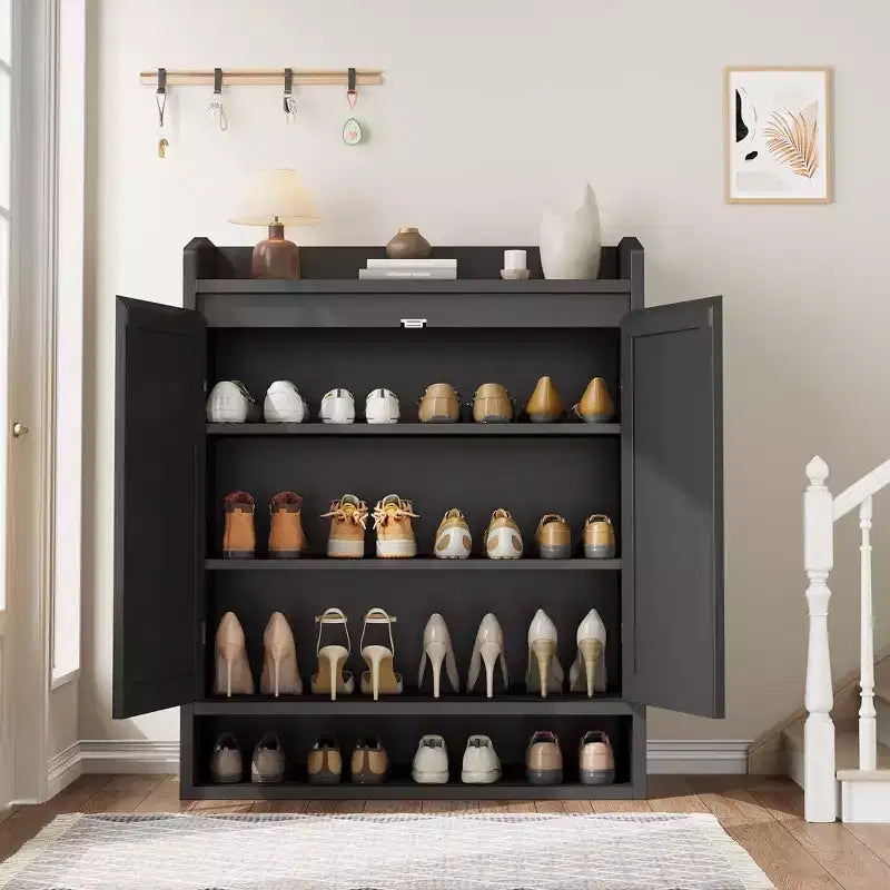 COZONY Scarpiera a 5 livelli in rattan Organizzatore di scarpe con 2 ante Armadio in legno regolabile per ingresso Soggiorno Naturale