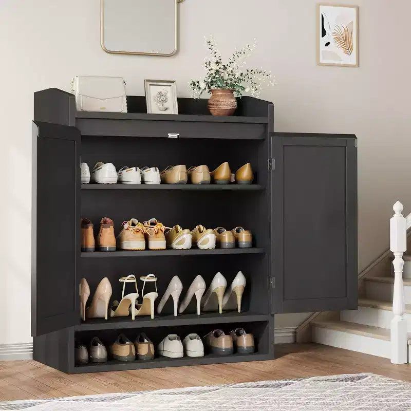 COZONY Scarpiera a 5 livelli in rattan Organizzatore di scarpe con 2 ante Armadio in legno regolabile per ingresso Soggiorno Naturale