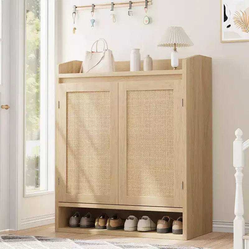 COZONY Scarpiera a 5 livelli in rattan Organizzatore di scarpe con 2 ante Armadio in legno regolabile per ingresso Soggiorno Naturale