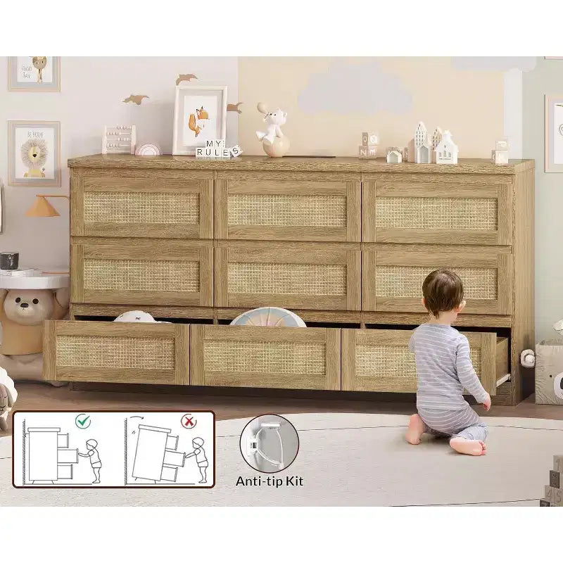 Comò a 9 cassetti per camera da letto, Comò lungo 160 cm e cassettiera in rattan, Stile Boho, Comò moderno per soggiorno, ingresso, camera da letto