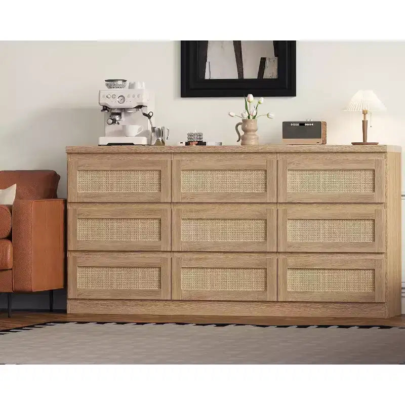 Comò a 9 cassetti per camera da letto, Comò lungo 160 cm e cassettiera in rattan, Stile Boho, Comò moderno per soggiorno, ingresso, camera da letto
