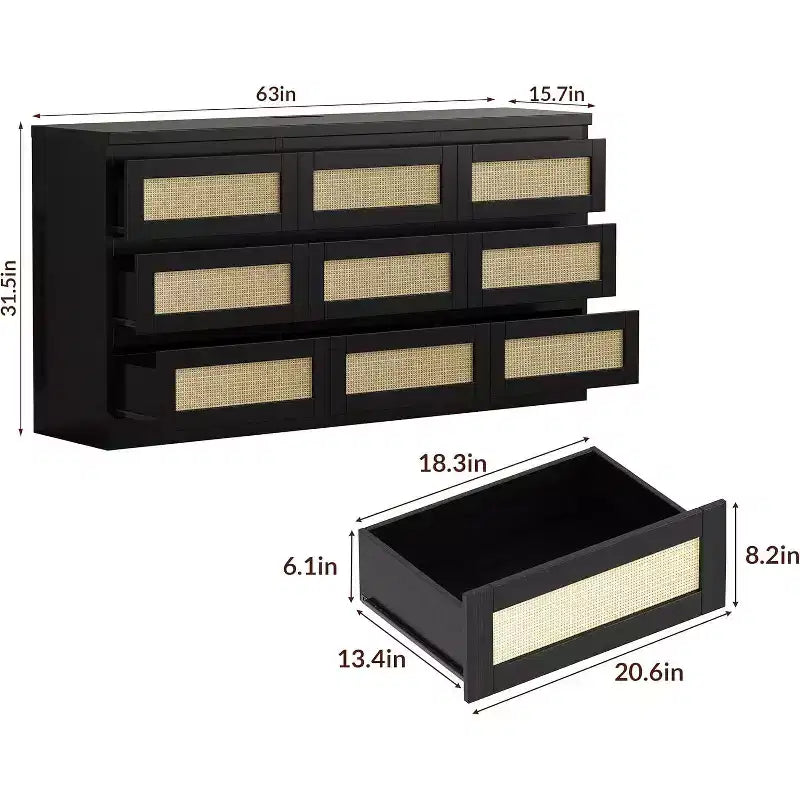 Comò a 9 cassetti per camera da letto, Comò lungo 160 cm e cassettiera in rattan, Stile Boho, Comò moderno per soggiorno, ingresso, camera da letto