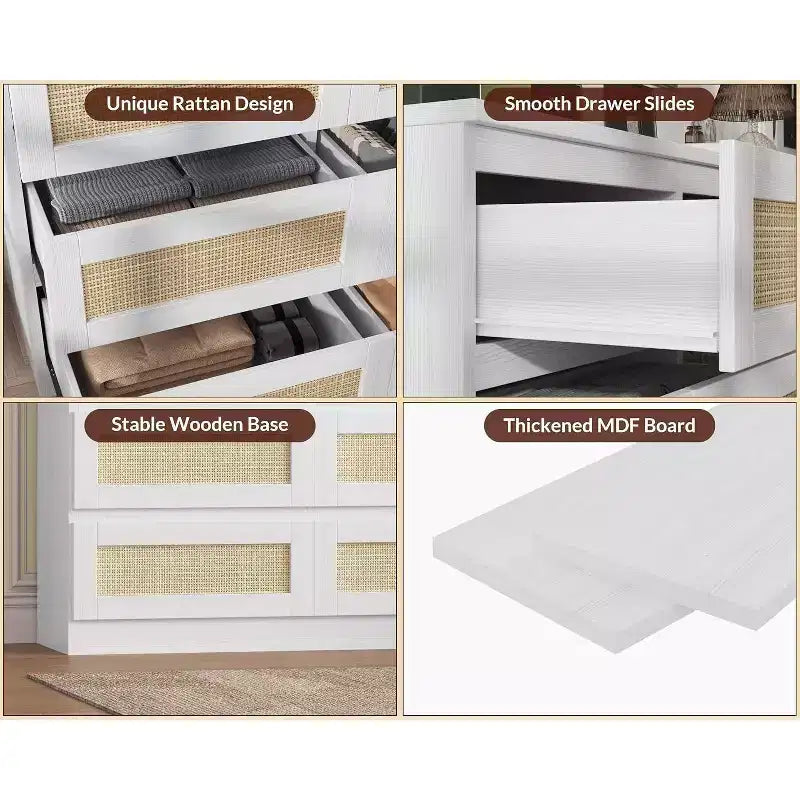 Comò a 9 cassetti per camera da letto, Comò lungo 160 cm e cassettiera in rattan, Stile Boho, Comò moderno per soggiorno, ingresso, camera da letto