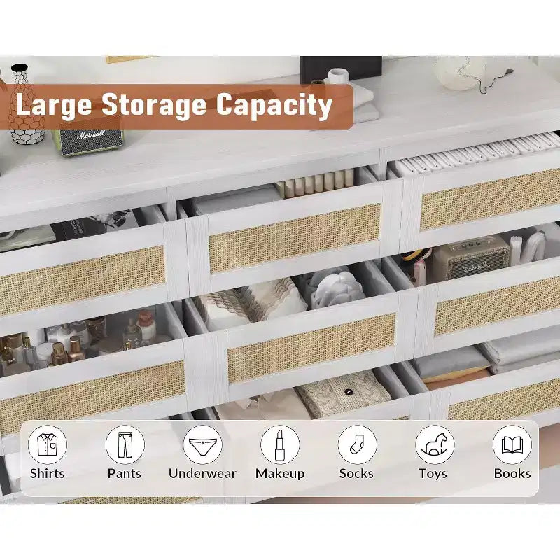 Comò a 9 cassetti per camera da letto, Comò lungo 160 cm e cassettiera in rattan, Stile Boho, Comò moderno per soggiorno, ingresso, camera da letto