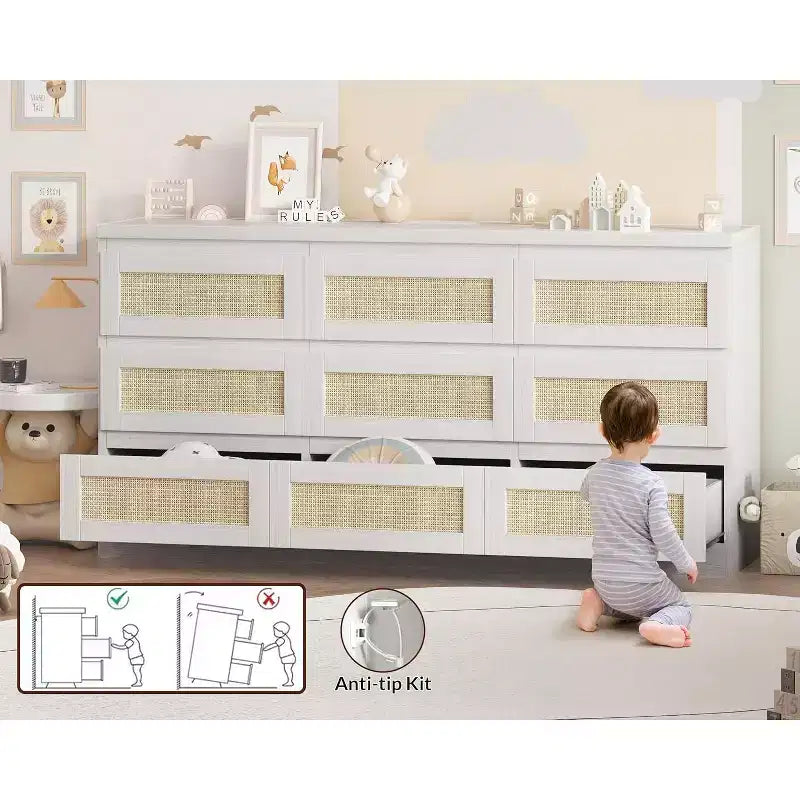 Comò a 9 cassetti per camera da letto, Comò lungo 160 cm e cassettiera in rattan, Stile Boho, Comò moderno per soggiorno, ingresso, camera da letto