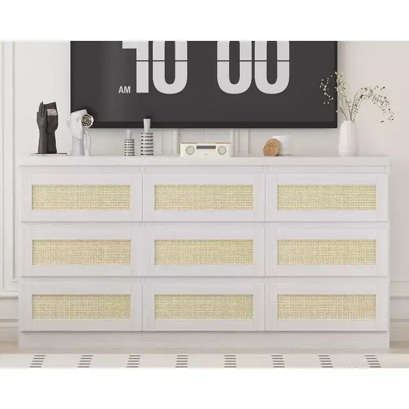 Comò a 9 cassetti per camera da letto, Comò lungo 160 cm e cassettiera in rattan, Stile Boho, Comò moderno per soggiorno, ingresso, camera da letto