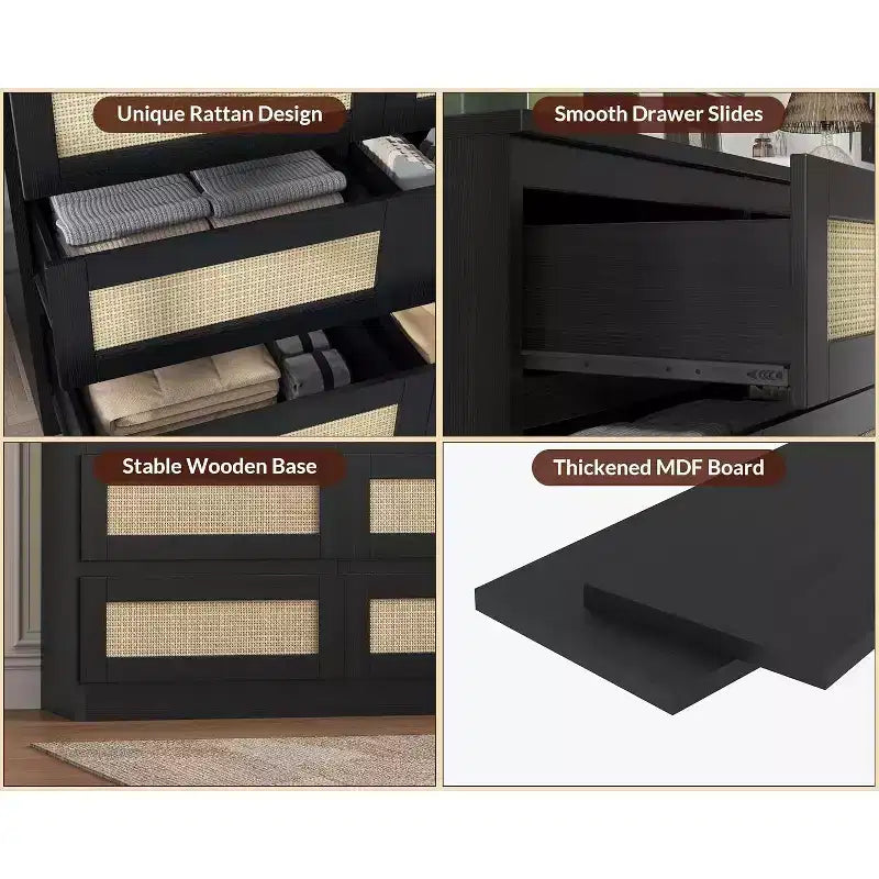 Comò a 9 cassetti per camera da letto, Comò lungo 160 cm e cassettiera in rattan, Stile Boho, Comò moderno per soggiorno, ingresso, camera da letto
