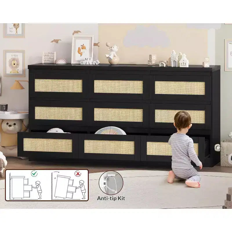 Comò a 9 cassetti per camera da letto, Comò lungo 160 cm e cassettiera in rattan, Stile Boho, Comò moderno per soggiorno, ingresso, camera da letto