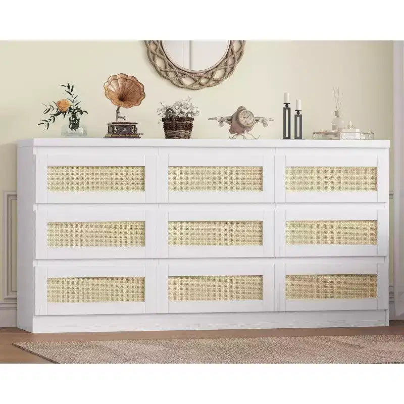 Comò a 9 cassetti per camera da letto, Comò lungo 160 cm e cassettiera in rattan, Stile Boho, Comò moderno per soggiorno, ingresso, camera da letto
